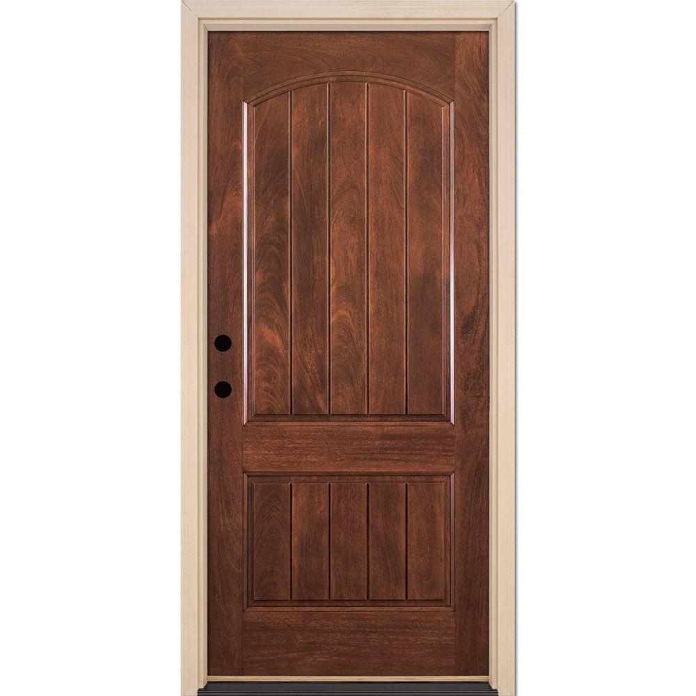 Feather River Doors 37 5 In X 81 625 In 2 Panel Plank Chocolate Mahogany Stained Right Hand Inswing Fiberglass Prehung Front Door