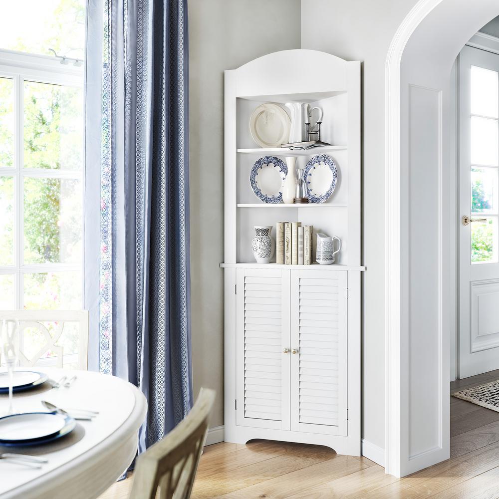Riverridge Home Ellsworth 23 1 4 In W X 68 31 100 X 11 1 2 In D Corner Bathroom Linen Storage Tower Cabinet In White 06 027 The Home Depot