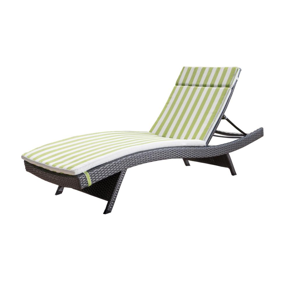 Noble House Miller Grey Armless Wicker Outdoor Chaise Lounge with Green/ White Stripe Cushion