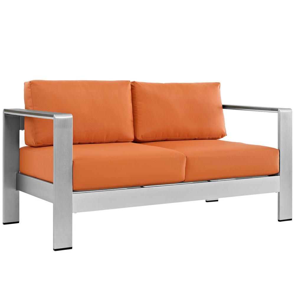 MODWAY Shore Aluminum Patio Outdoor Loveseat in Silver with Orange