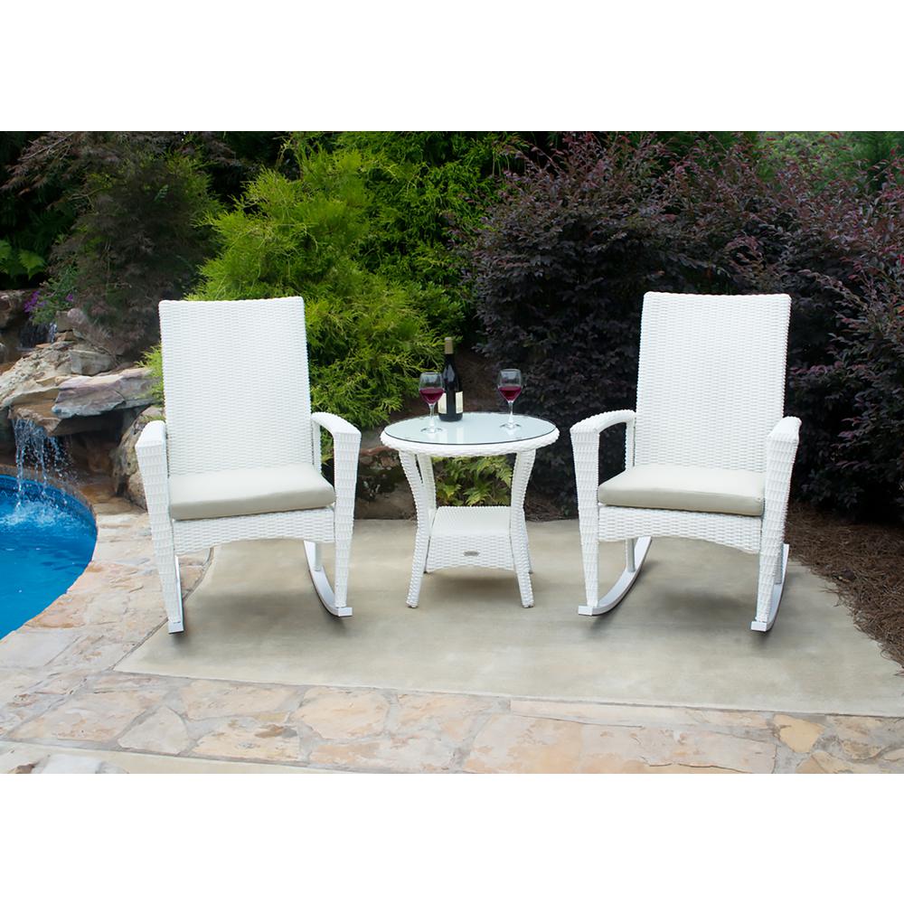 Wicker Patio Furniture Side Table Aluminum Dining Bayview Magnolia 3 Piece Wicker Outdoor Rocking Chair Set With Tan Cushion