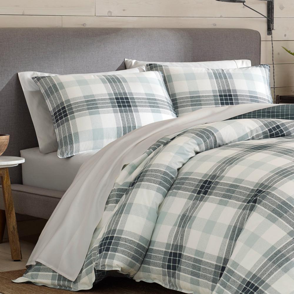 Eddie Bauer 3 Piece Green Winter Ridge Plaid Full Queen Duvet