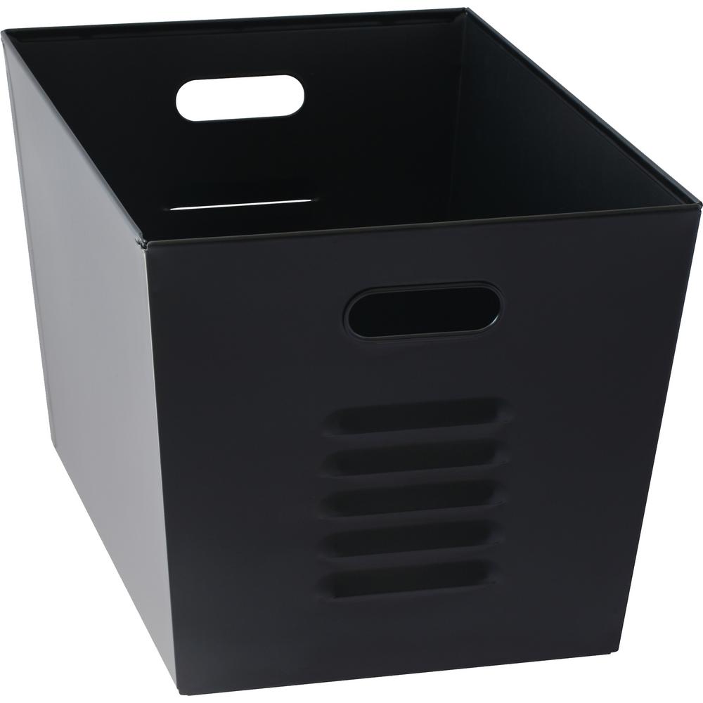 black plastic storage boxes