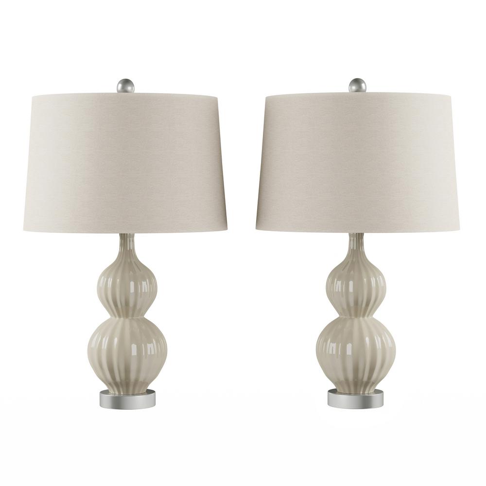Lavish Home 25 In Double Ribbed Gourd Ceramic Ivory Led Table Lamps With Natural Linen Shades Set Of 2