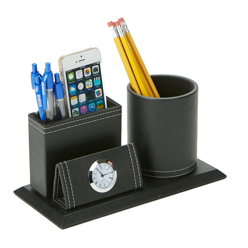 Faux Leather Desk Organizers Accessories Office Supplies The Travel Utensil Holder Storage Compartment With Clock In Black