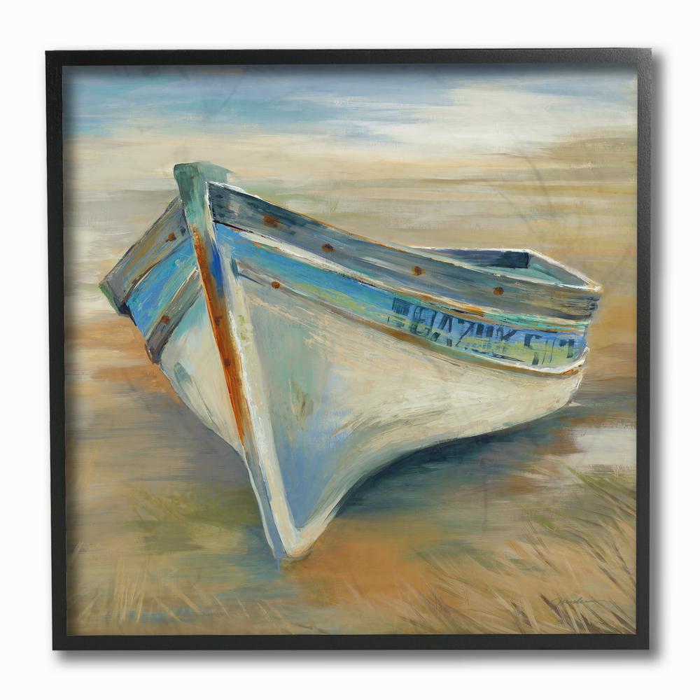 12 In X Painterly Blue Green And Rust Rowboat The Grass By Liz Jardine Framed Wall Art