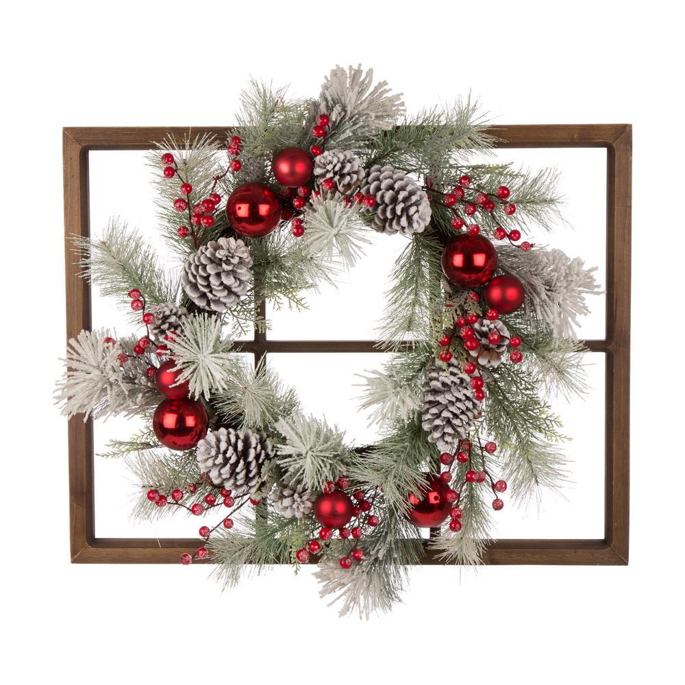 Glitzhome 24 In Unlit Flocked Pinecone And Ornament Wreath With