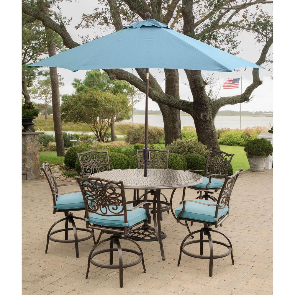 Hanover Traditions 7 Piece Aluminum Outdoor High Dining Set With Round Cast Table Swivels Umbrella And Base With Blue Cushions Traddn7pcbr Su B The Home Depot