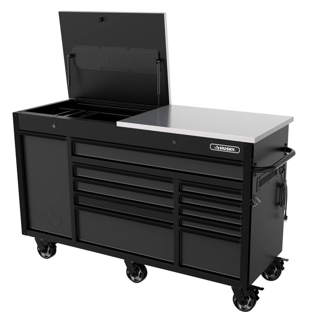 Husky Heavy Duty 63 In W 11 Drawer Deep Tool Chest Mobile Workbench Matte Black With Flip Top Stainless Steel H63mwc11ft The Home Depot Husky Heavy Duty 63 In W 11 Drawer, Stainless Steel Tool Cabinet
