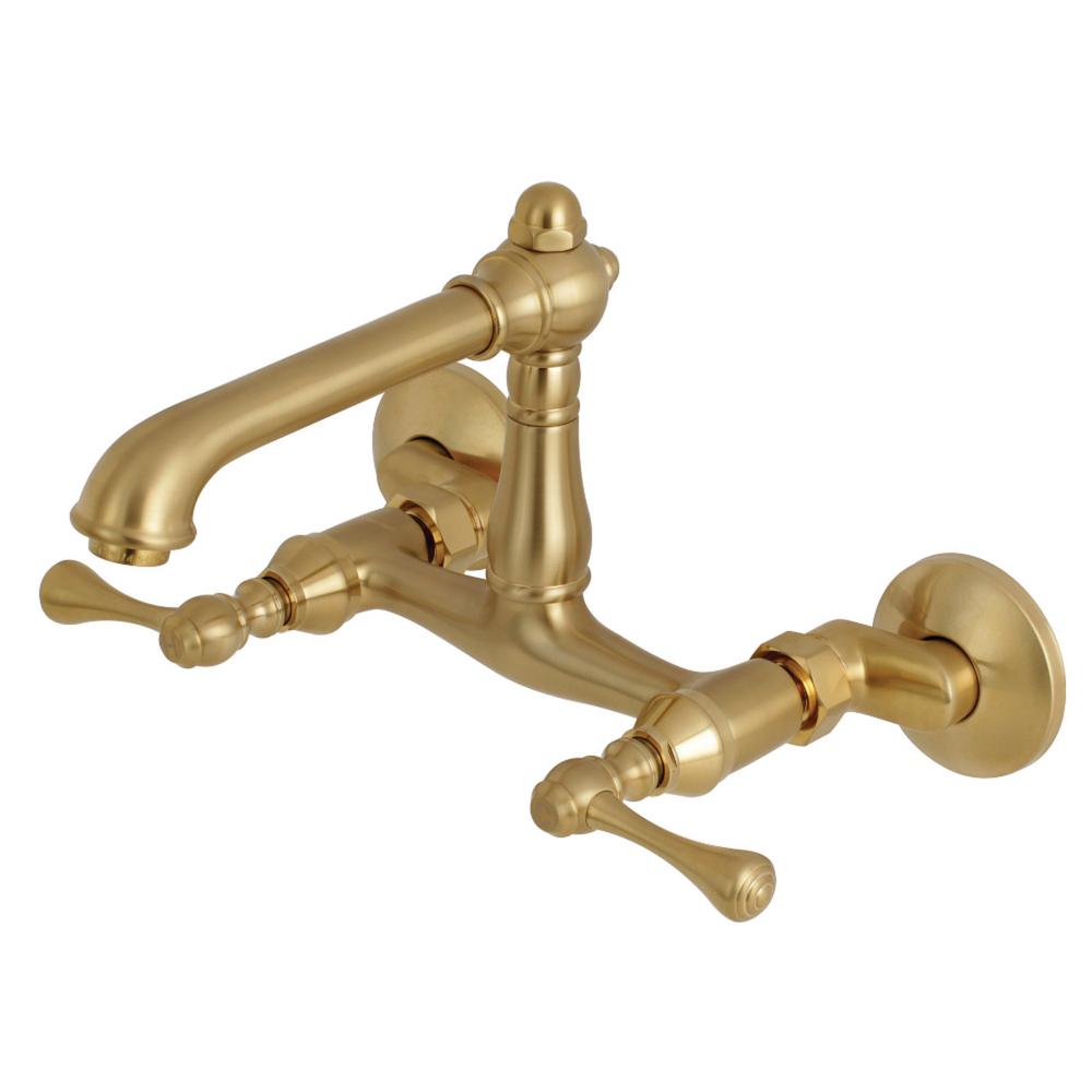 Kingston Brass English Country 2 Handle Wall Mount Standard Kitchen Faucet In Satin Brass 