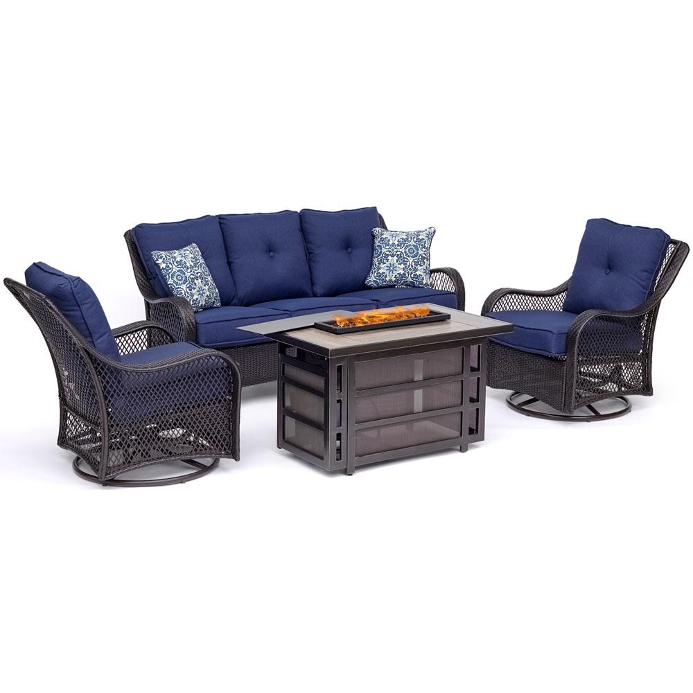 Hanover Orleans 4 Piece Wicker Patio Seating Set With Fire Pit Table With Navy Blue Cushions Orl4pcrecfp Nvy The Home Depot