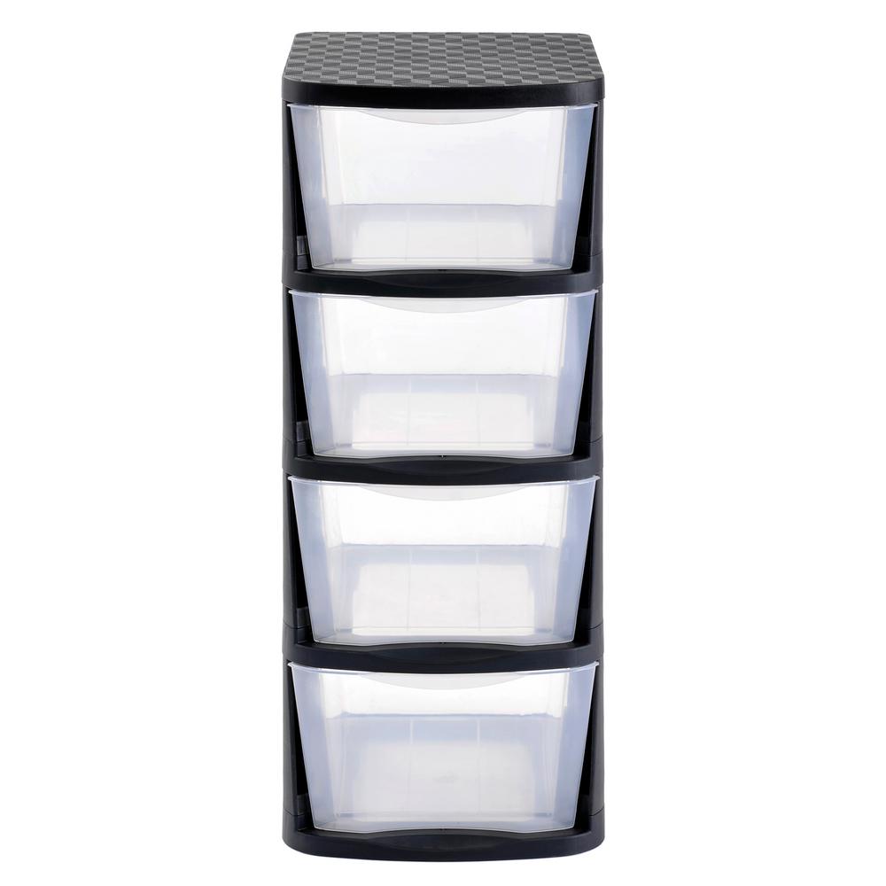 Sterilite 35 5 In H X 18 75 W 25 63 D 4 Drawer Plastic 4 Drawer Clear Plastic Storage Tower With Black Frame