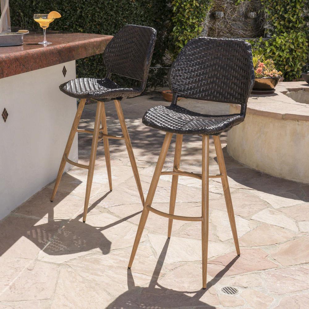 Noble House Bianca Wicker Outdoor Bar Stool With Brown Wood Finish Metal Legs 2 Pack 41288 The Home Depot