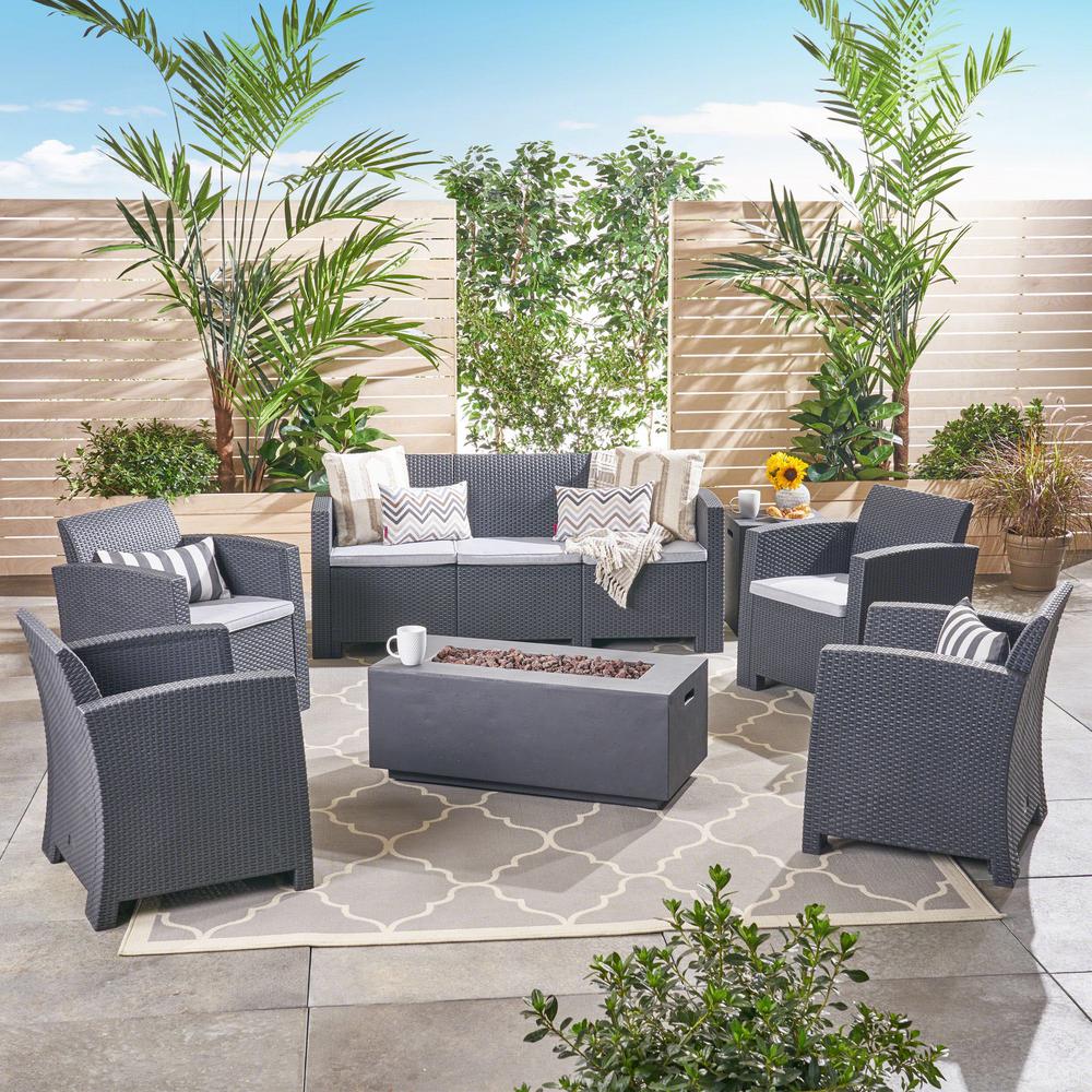 Noble House Mercier 7 Piece Faux Wicker Patio Fire Pit