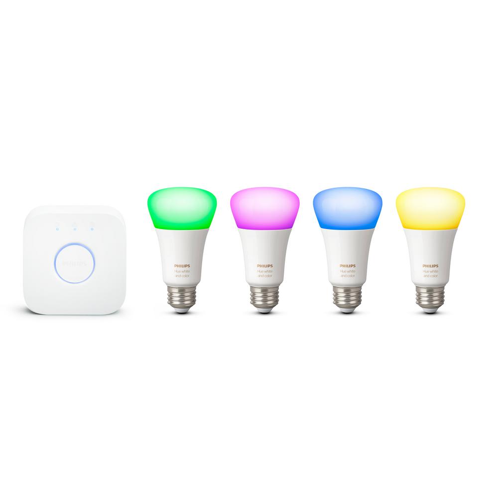 Philips Hue White And Color Ambiance 60 Watt Equivalent A19 Led Dimmable Wireless Smart Starter Kit 2 Strips 4 Light Bulbs