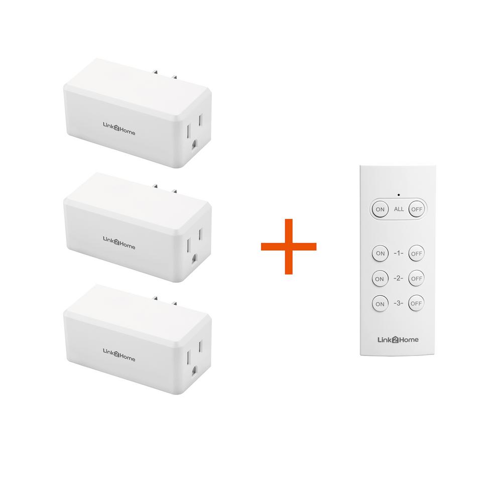 Link2Home Wireless Remote Control Outlet Light Switch, 100 ft range, Unlimited Connections. Compact Side Plug. Switch ON/OFF Household Appliances. FCC CSA Certified, White (3 Outlets, 1 Remote).