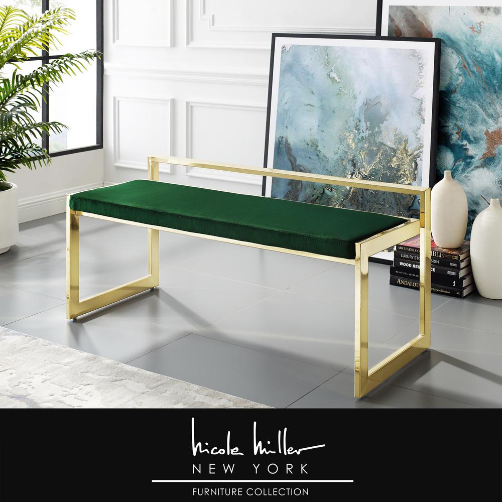 Nicole Miller Ledger Green Gold Velvet Bench With Metal