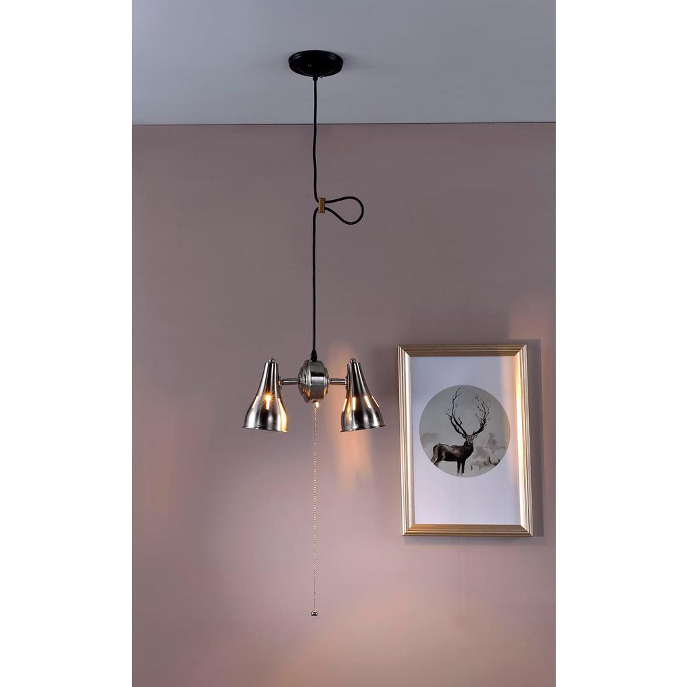 Ore International 2 Light Dual Brush Silver Metal Cone Pull String Ceiling Pendant Ore International 2 Light Dual Brush Silver Metal Cone Pull String Ceiling Pendant