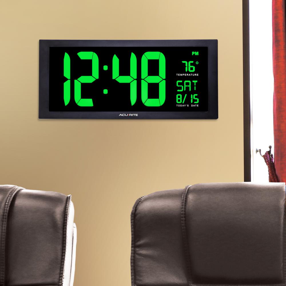 Wall Clocks Decor The Home Depot 18 In Large Led Clock With Indoor Temperature Green Display