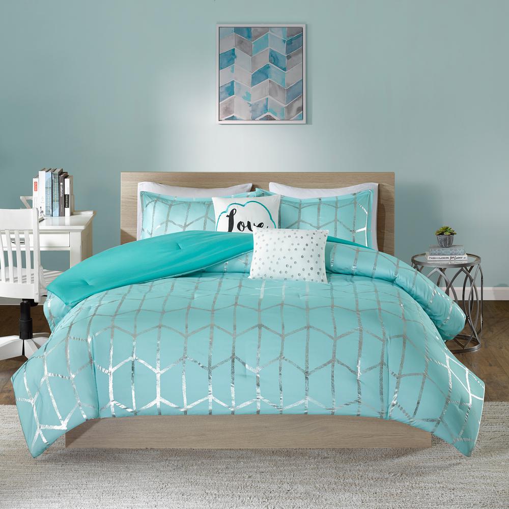 Intelligent Design Khloe 5 Piece Aqua Silver Full Queen Comforter Set Id10 1241 The Home Depot