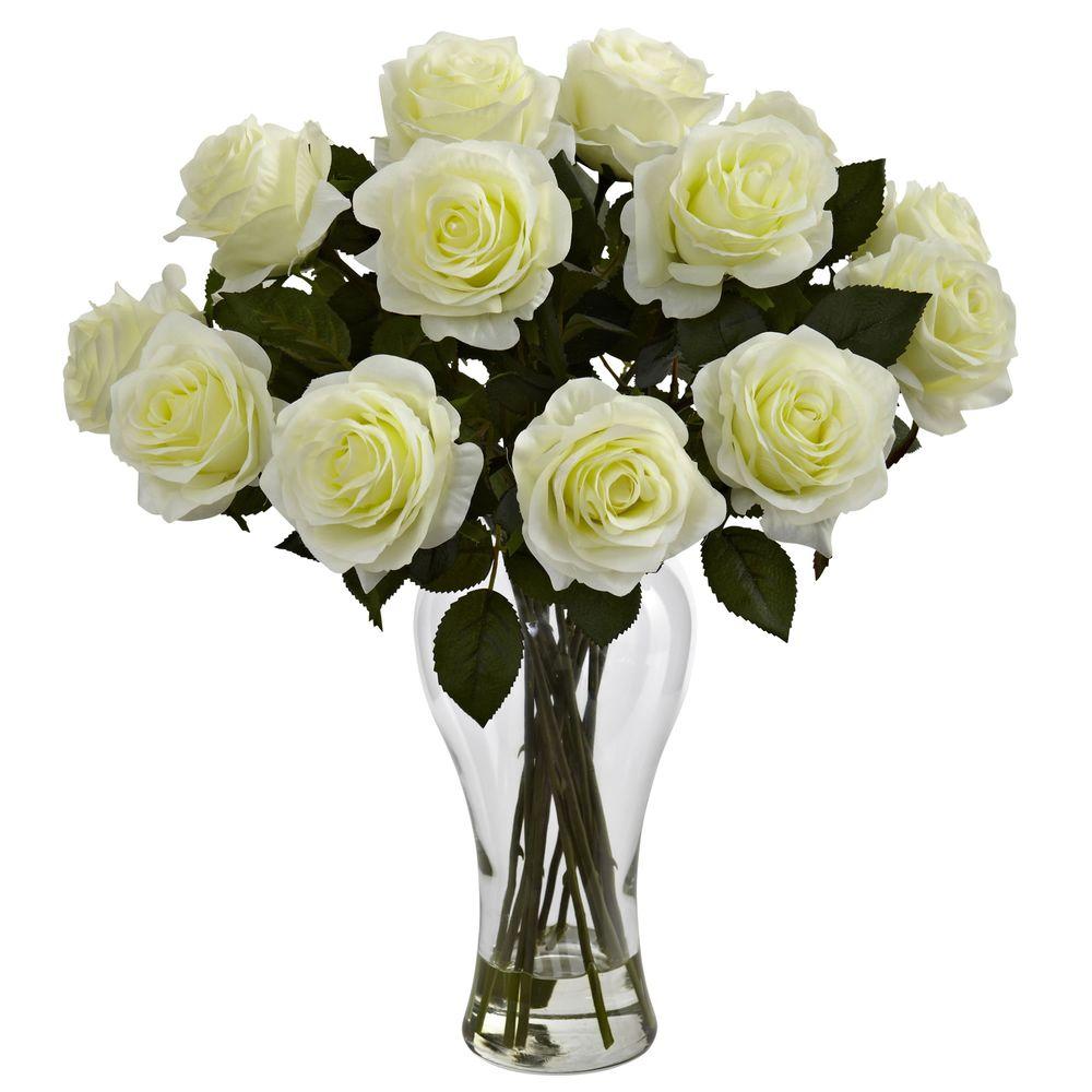 Nearly Natural Blooming Roses With Vase In White 1328 Wh The