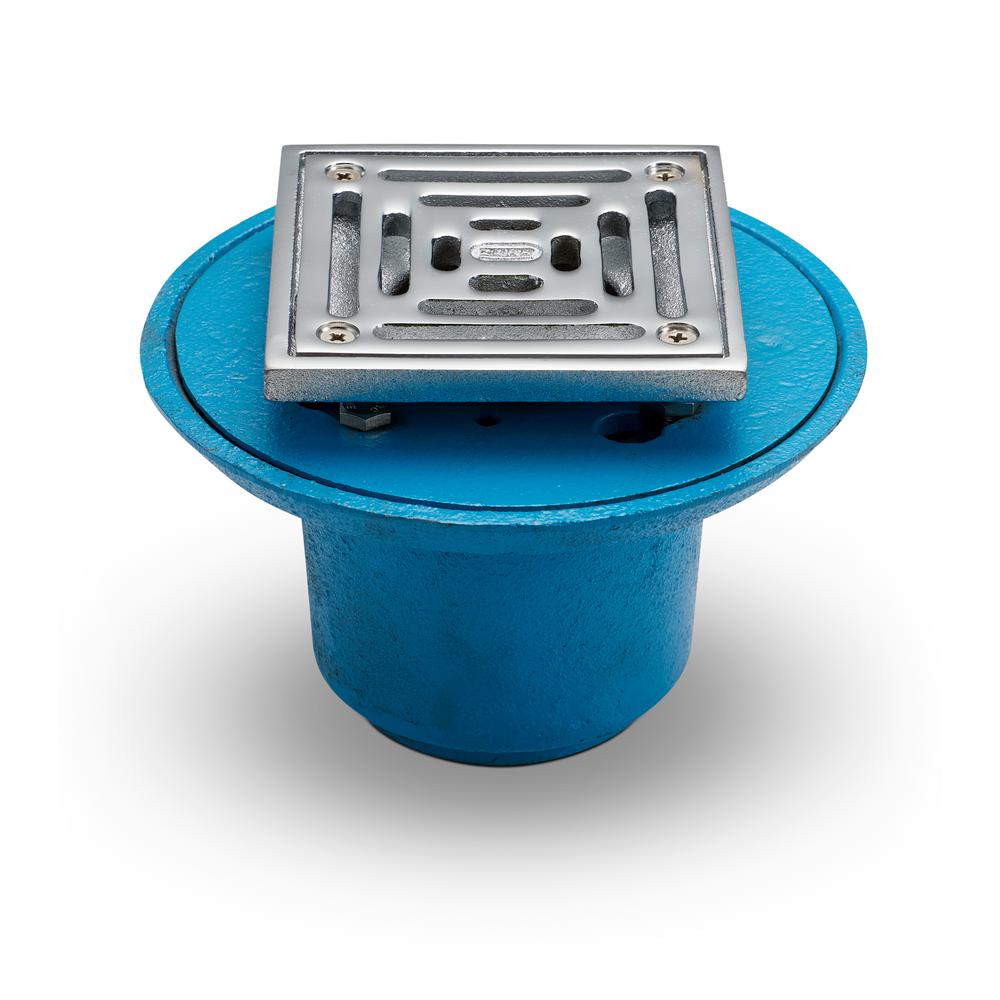 Zurn 5 in. Square Chrome Plated Strainer, Clamping Collar, and 2 in. NoHub Outlet Shower Drain