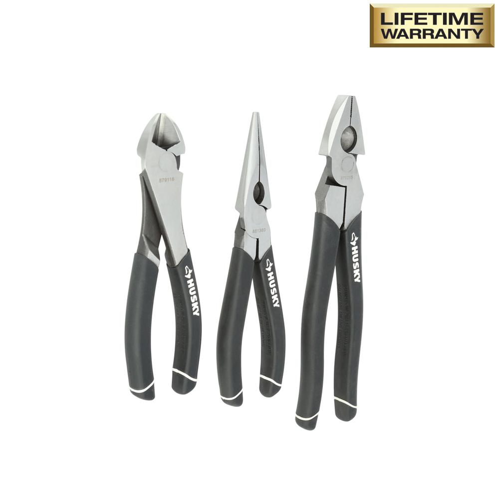 HUSKY HeatTreated Long Nose Pliers (3Pcs) Set Diagonal Linesman Hand