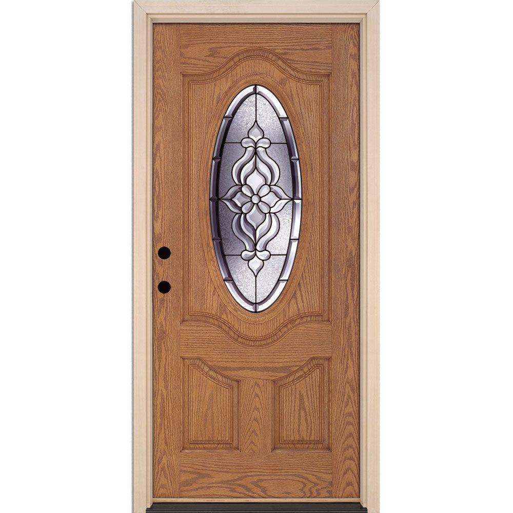 Feather River Doors 37 5 In X 81 625 Lakewood Patina 3 4 Oval Lite Stained Light Oak Right Hand Inswing Fiberglass Prehung Front Door