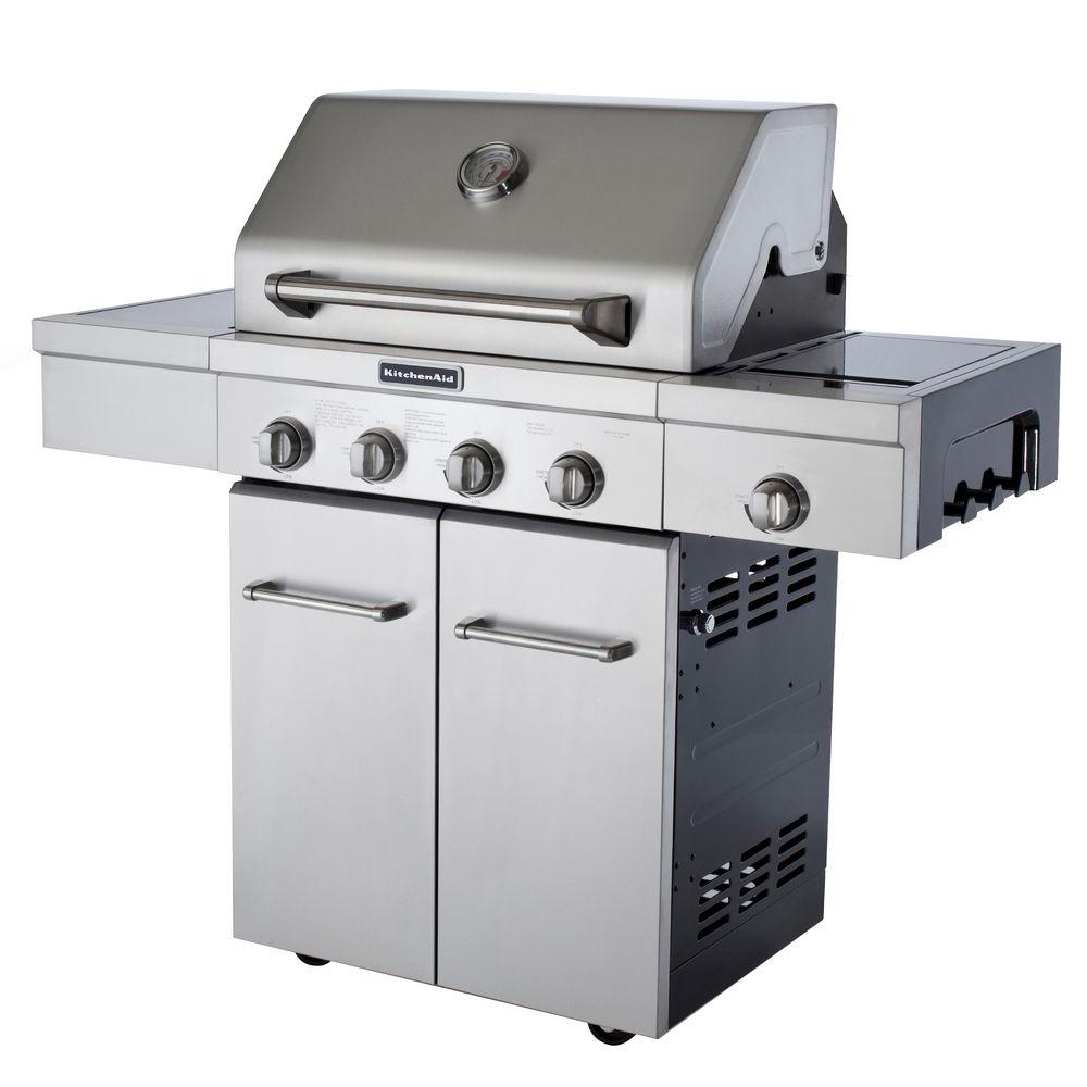KitchenAid 4Burner Propane Gas Grill in Stainless Steel with Side Burner and Grill 