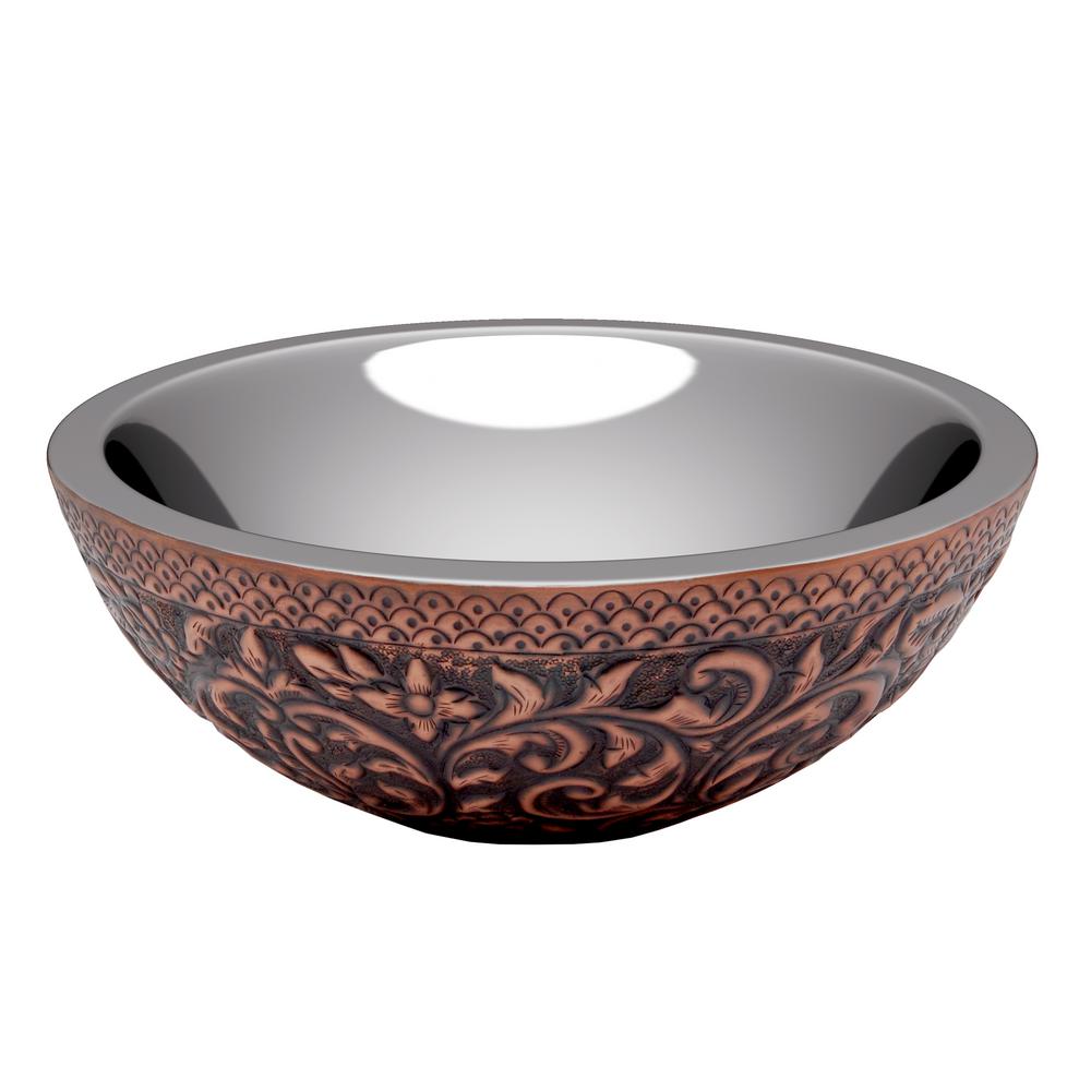 Anzzi Moor 14 In Handmade Vessel Sink In Polished Antique Copper With Nickel Interior And Floral Design Exterior