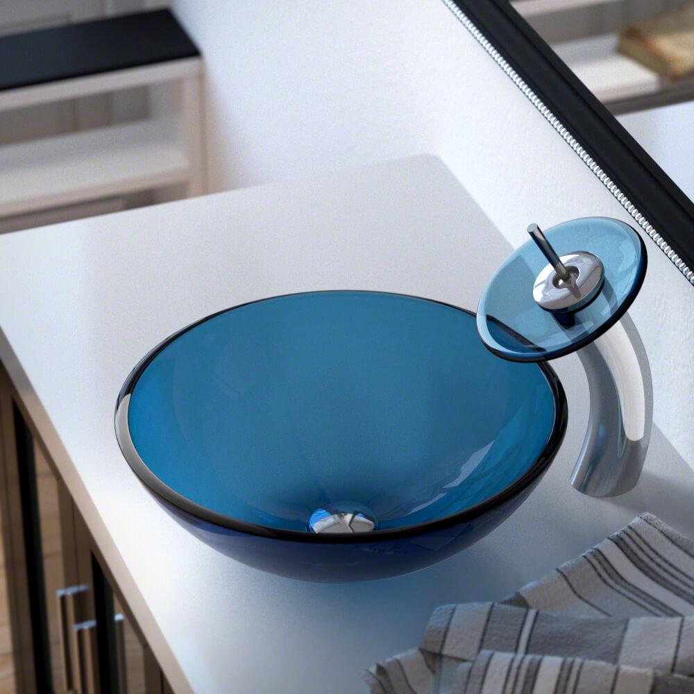 Mr Direct Gl Vessel Sink In Aqua With Waterfall Faucet And Pop Up Drain Chrome Mr Direct Gl Vessel Sink In Aqua With Waterfall Faucet And Pop Up Drain Chrome