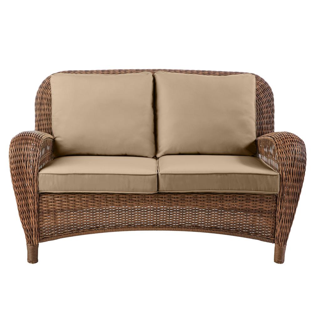 Beacon Park Brown Wicker Outdoor Patio Loveseat with Standard Toffee Tan Cushions