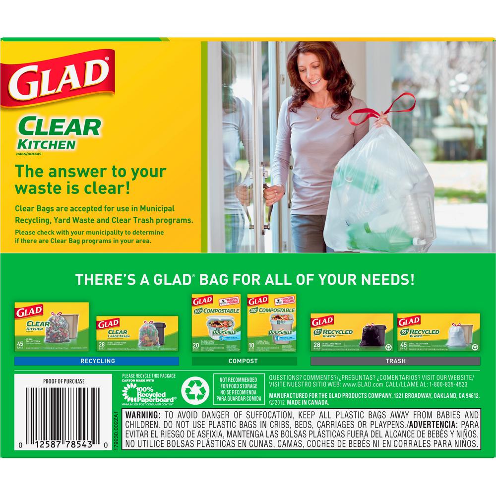 Glad 13 Gal Recycling Tall Kitchen Drawstring Clear Trash Bags 45 Count