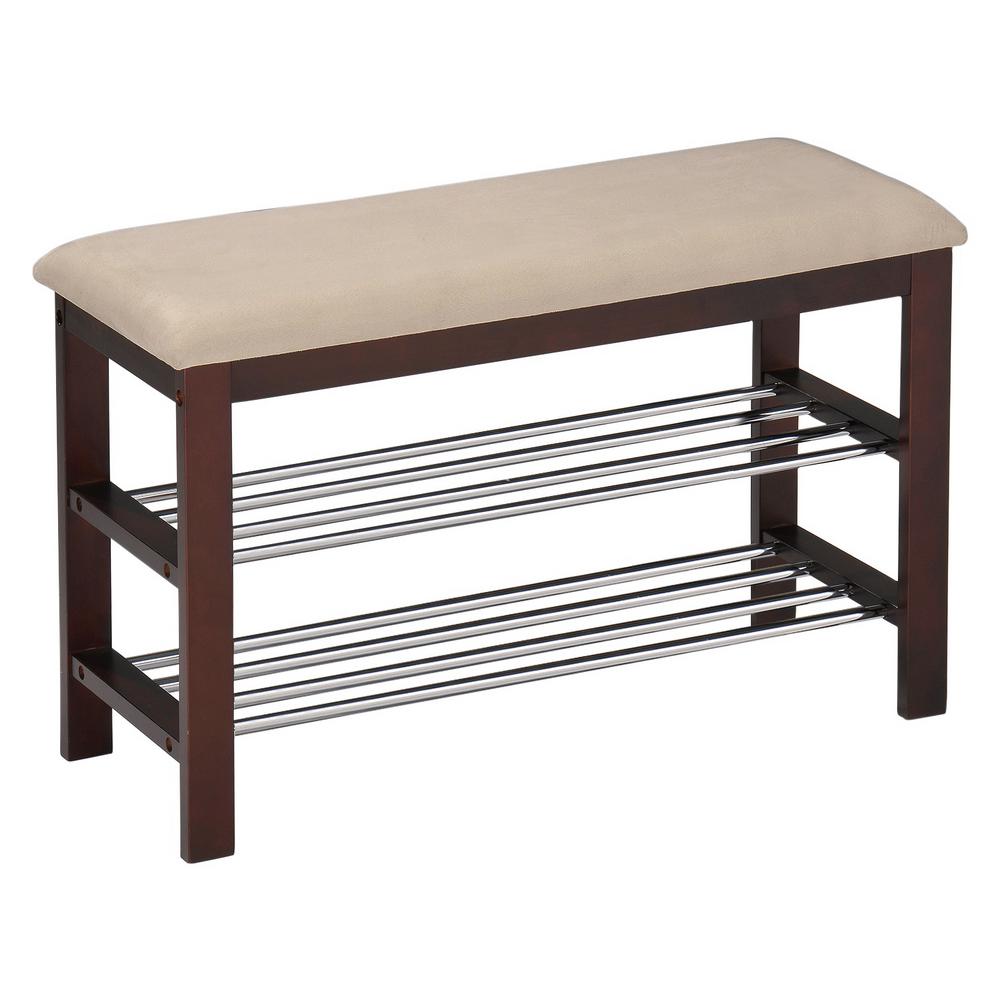 Kings Brand Furniture Walnut and Beige Shoe Storage Rack Bench with