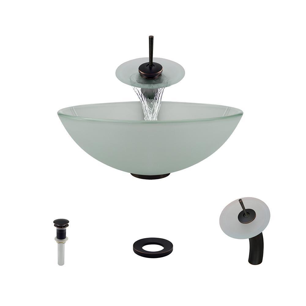 MR Direct Glass Vessel Sink in Frost with Waterfall Faucet and PopUp