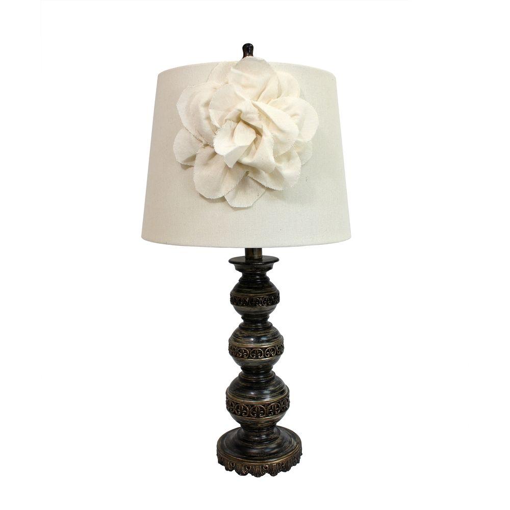 Elegant Designs 25 5 In Aged Bronze Stacked Ball Table Lamp With Aged Bronze Stacked Ball Table Lamp With Couture Linen Flower Shade