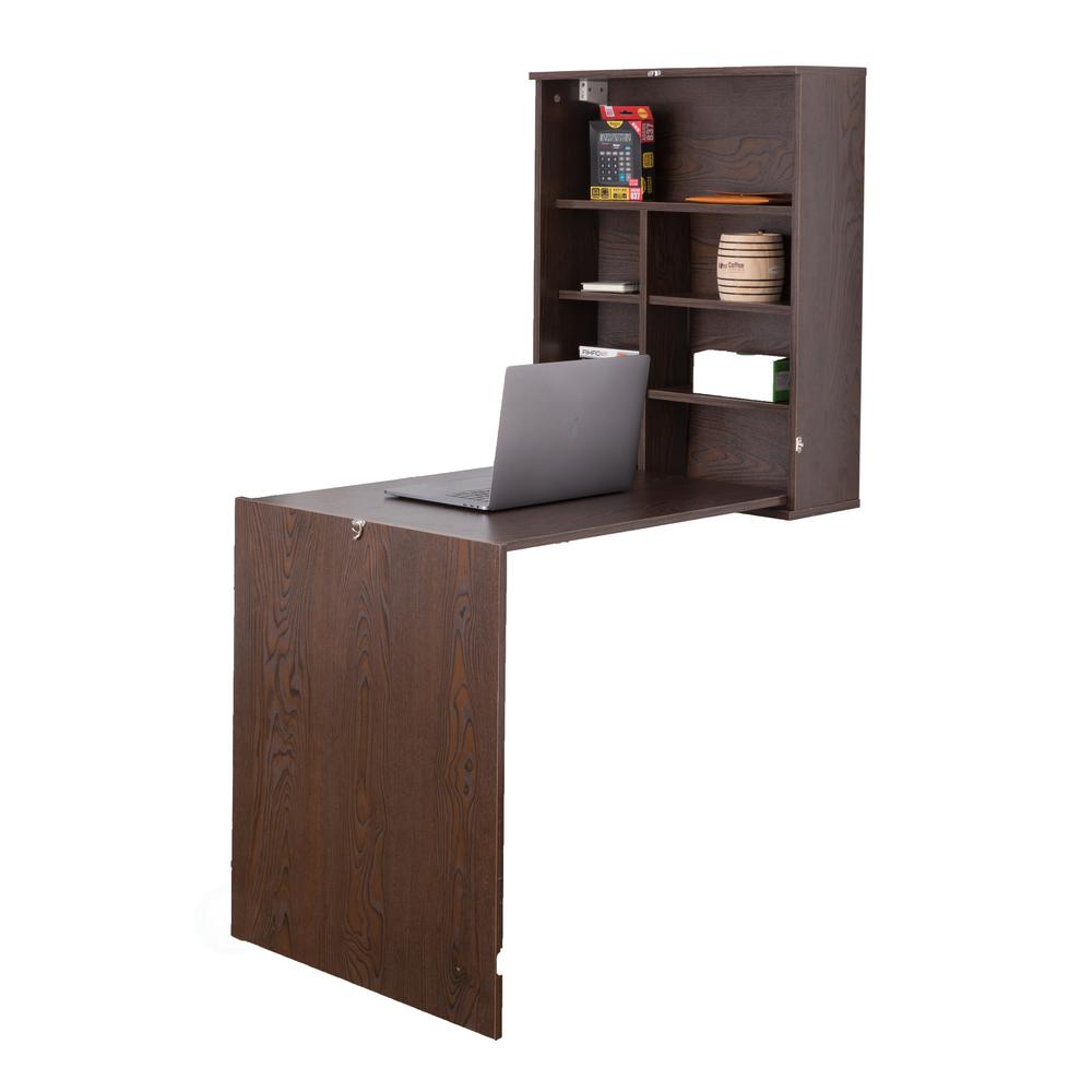 Basicwise Brown Wall Mount Laptop Fold Out Desk With Shelves