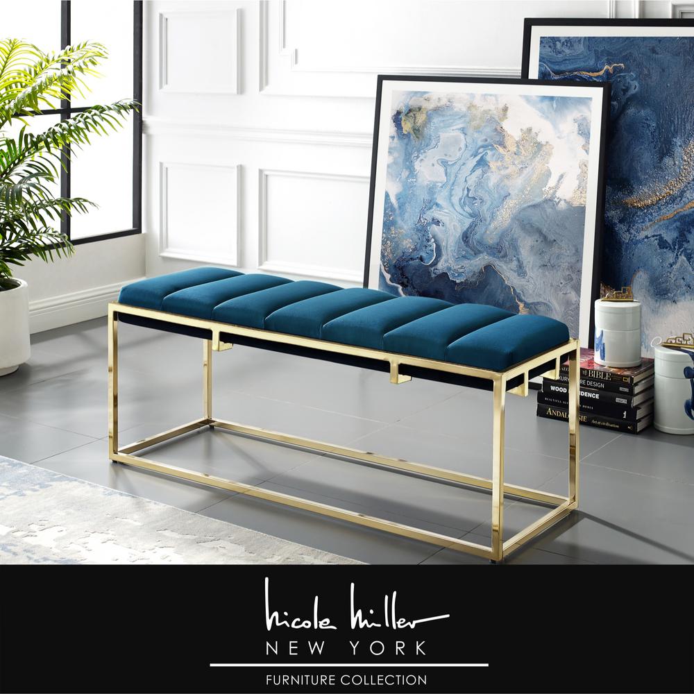 Nicole Miller Judson Blue Velvet Bench With Channel Tufted Metal