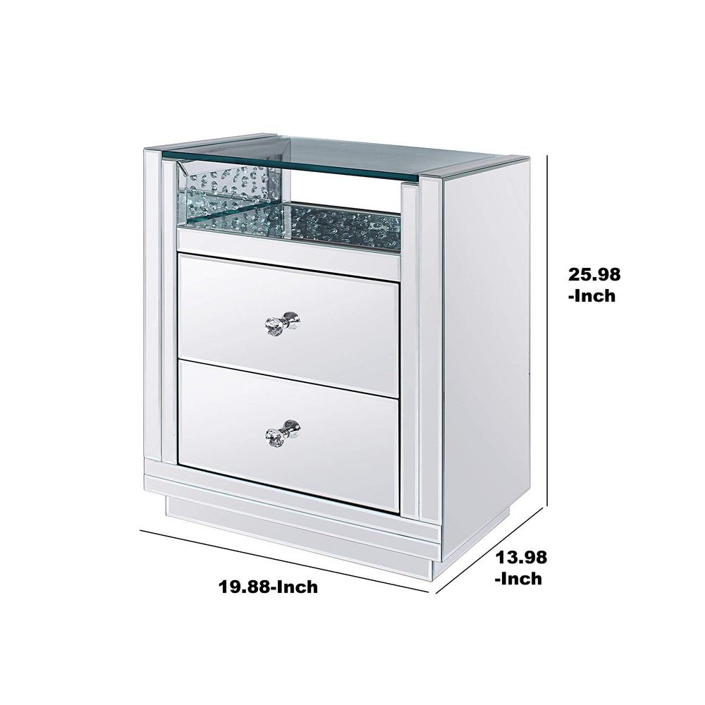 Benjara 2 Drawers Clear Wooden Nightstand With Mirrored Paneling Bm195983 The Home Depot