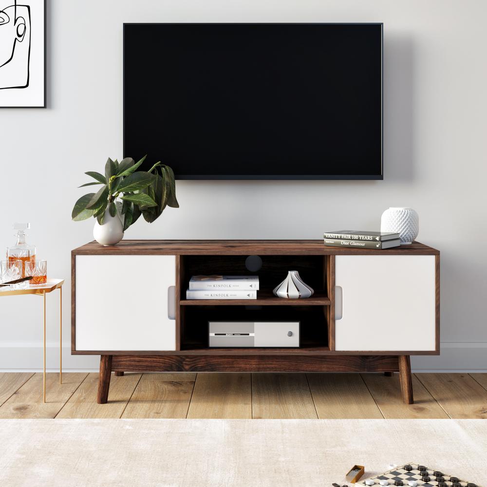 Nathan James Wesley Brown Scandinavian Tv Stand With White Cabinet