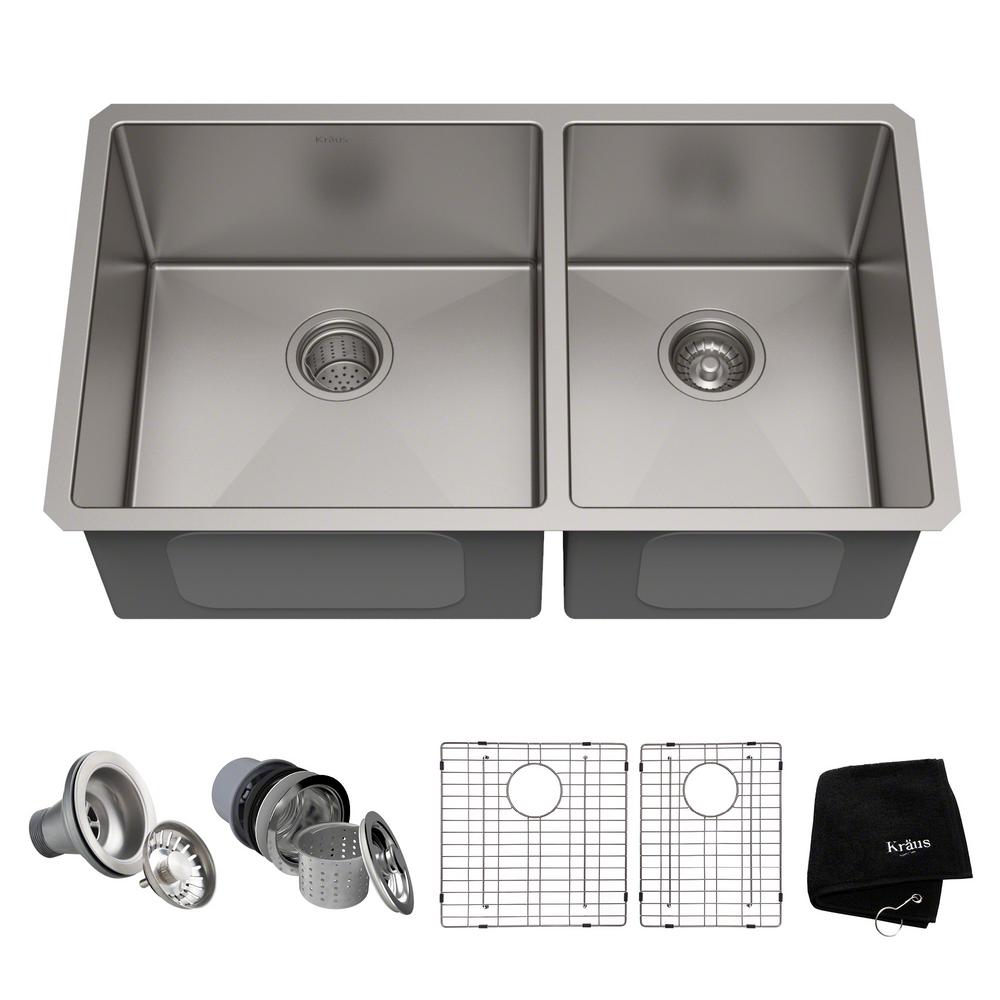 Kraus Standart Pro 33in 16 Gauge Undermount 60 40 Double Bowl Stainless Steel Kitchen Sink