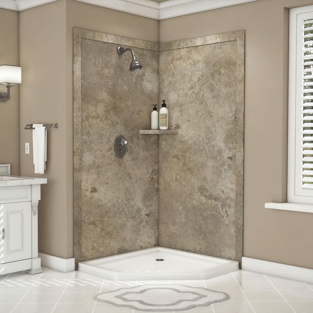 Flexstone Splendor 40 In X 80 7 Piece Easy Up Adhesive Corner Shower Wall Surround Mocha Travertine