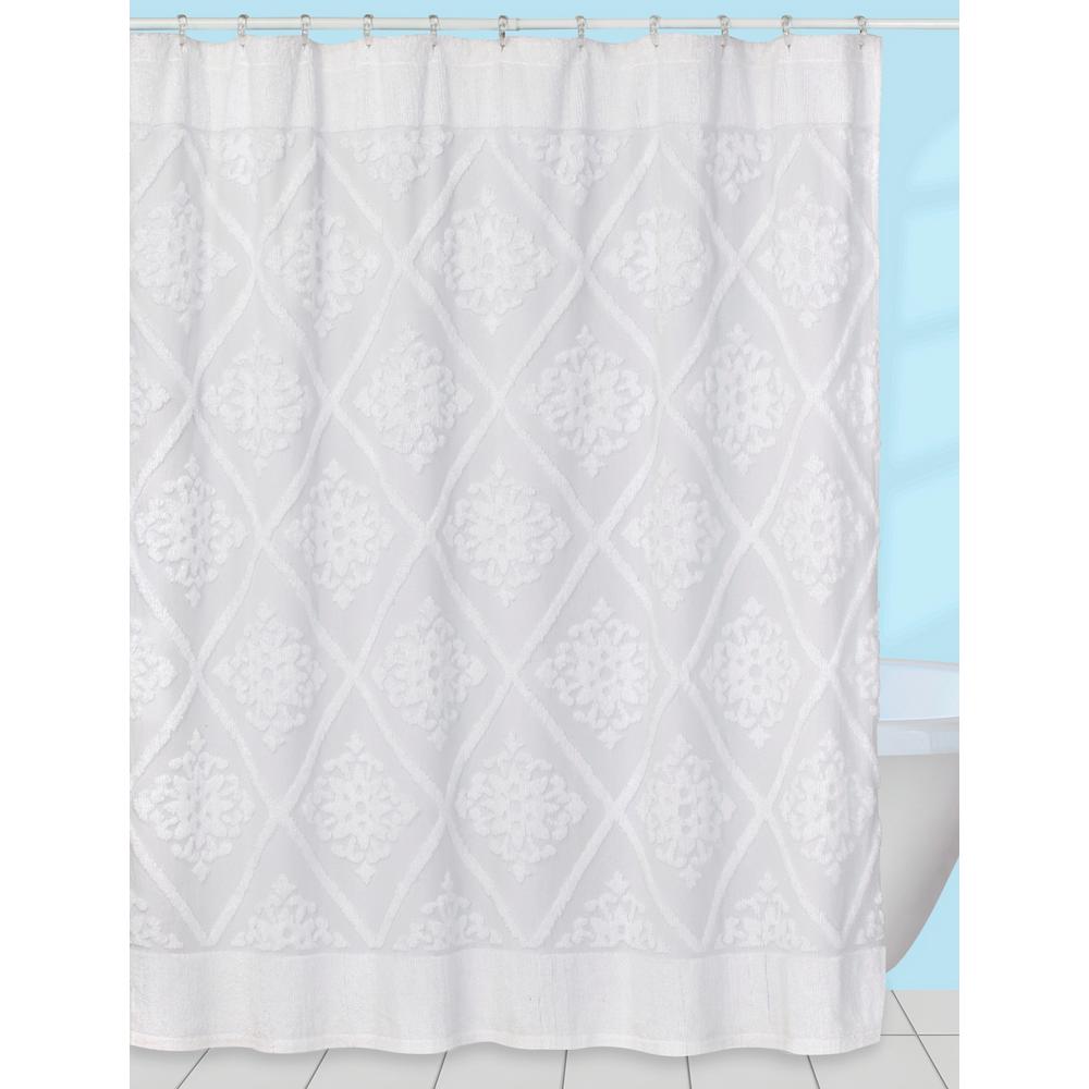 white and beige shower curtain