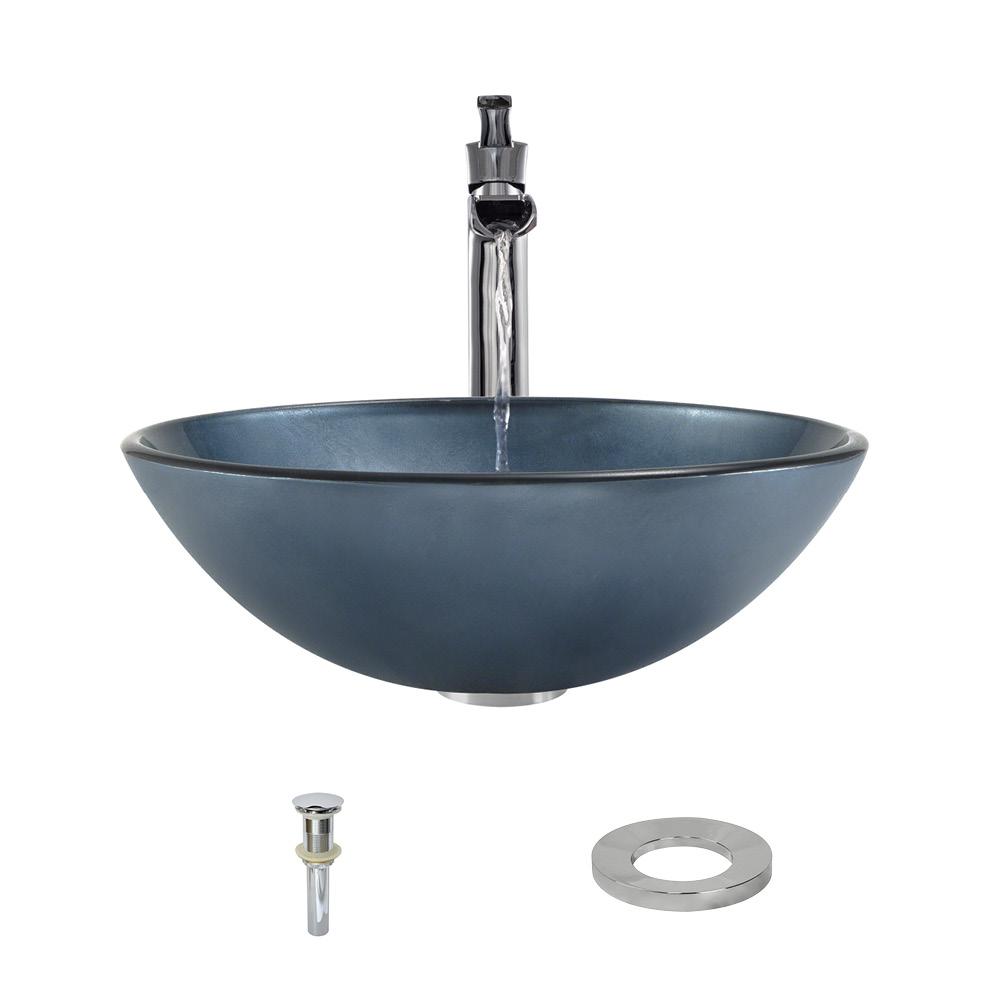 Mr Direct Hand Painted Glass Vessel Sink In Blue With 731 Faucet And Pop Up Drain In Chrome