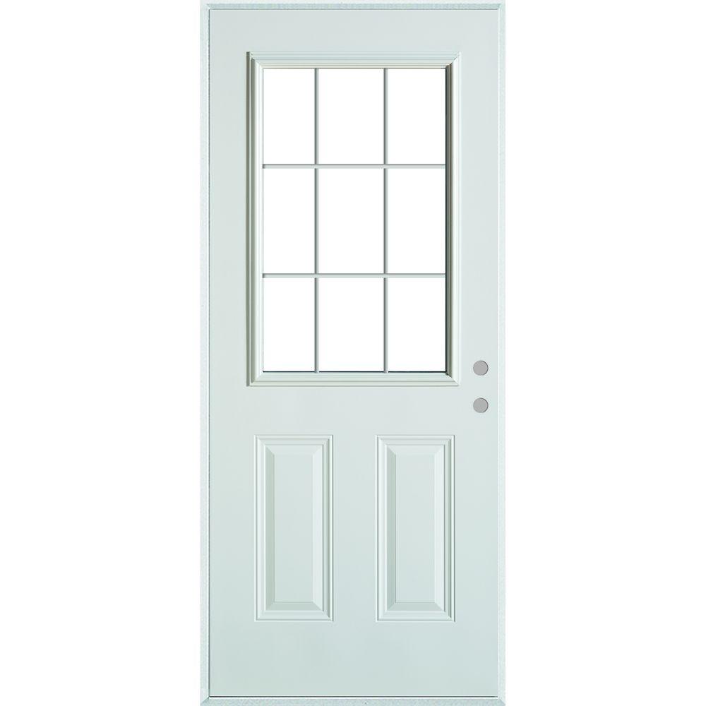 Stanley Doors 33 375in X82 Colonial 9lite 2 Panel Painted Colonial 9lite 2 Panel Painted White Lefthand Steel Prehung Frontdoor With Internal Grille Brickmold