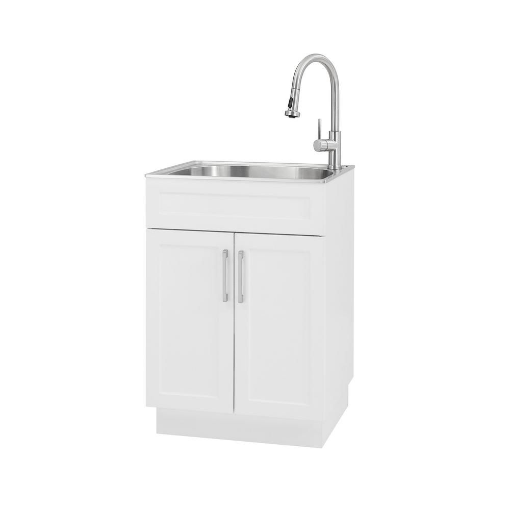 Glacier Bay All-in-One 24.125 in. x 21.375 in. x 35 in. Stainless Steel Laundry Sink with Faucet and Storage Cabinet, White