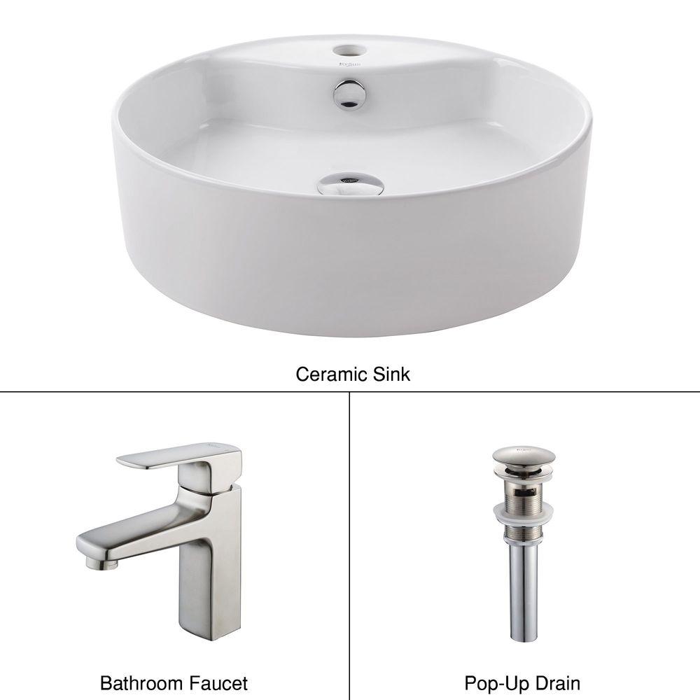 KRAUS Round Ceramic Vessel Sink in White with Virtus Basin Faucet in