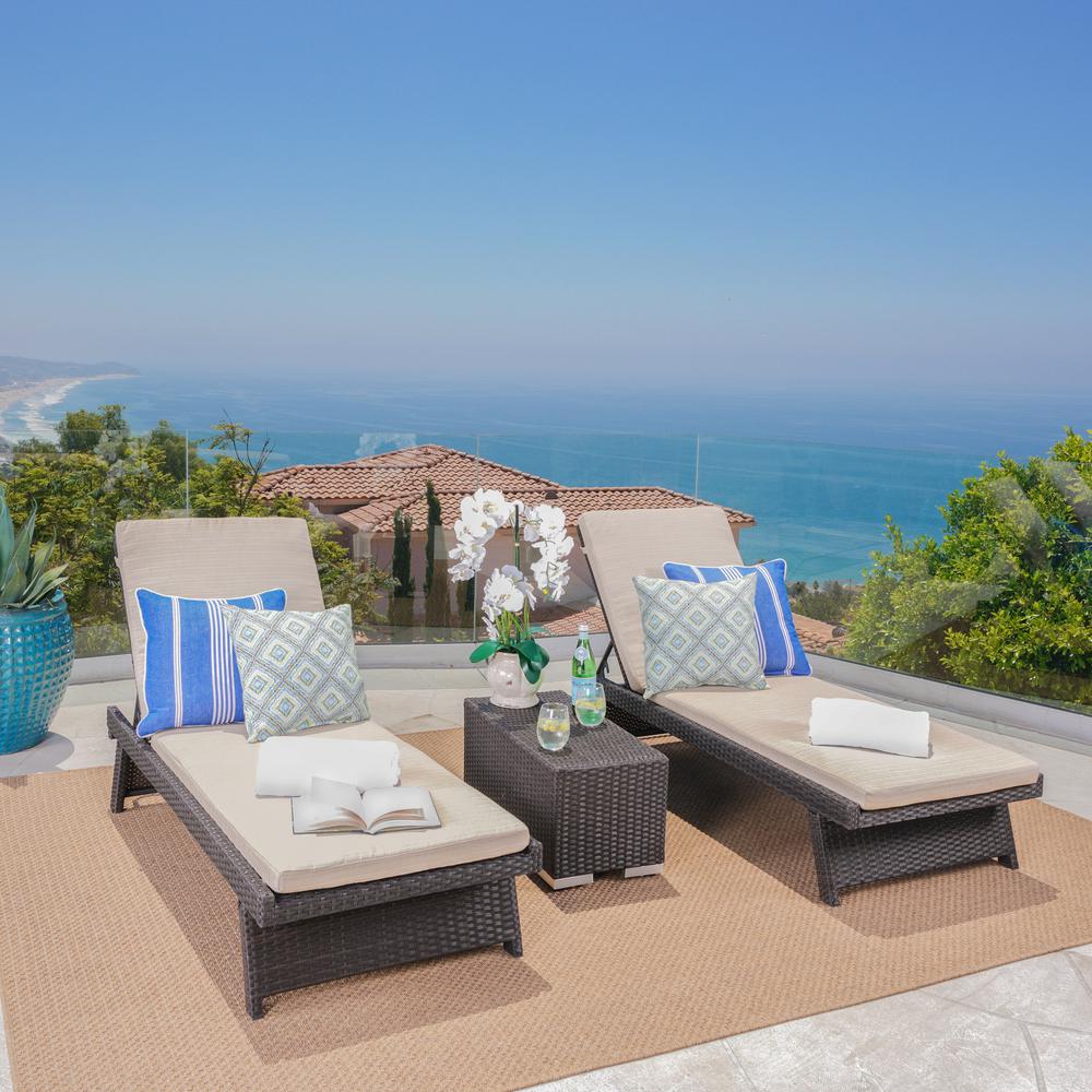 Noble House Dark Brown 3Piece Wicker Outdoor Chaise Lounge and Table