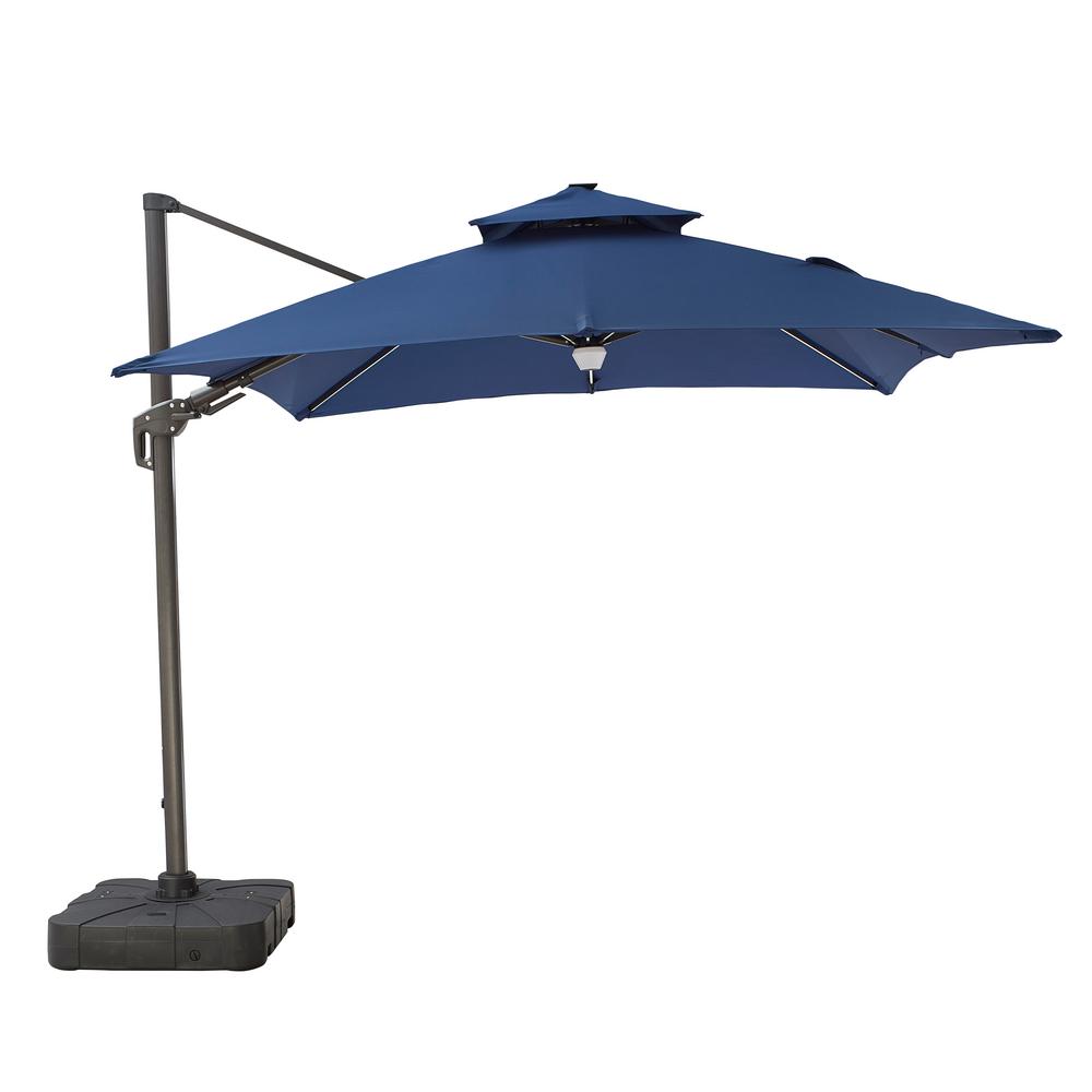 Patio Festival 11 Ft Steel Cantilever Solar Powered Light Up Tilt Patio Umbrella In Blue With Base Pf20968 980 The Home Depot