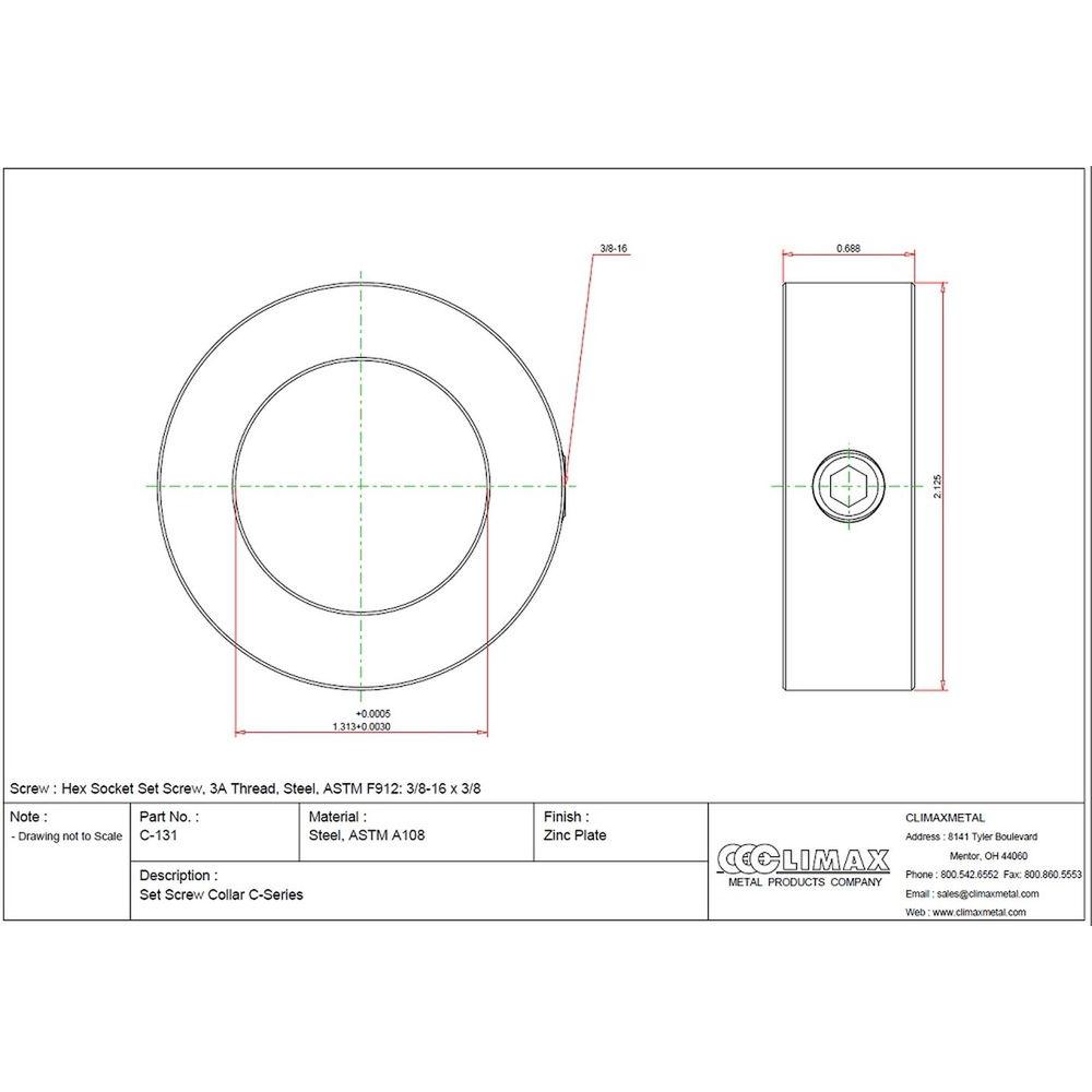 5//16-18 x 1//4 Set Screw Mild Steel Set Screw Collar Climax Part C-075-DT 9//16 inch Width 1 1//4 inch OD 3//4 inch bore